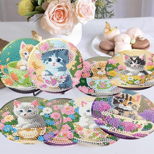 mrpwnle 8 Pack Diamond Art Coasters Kits, Funny Cat Diamond Painting Coasters Kits Set with Holder Cork Pads, Cute Cat Diamonds Art Non Slip Coaster Crafts Kit for Adults Beginners Gifts - Image 3