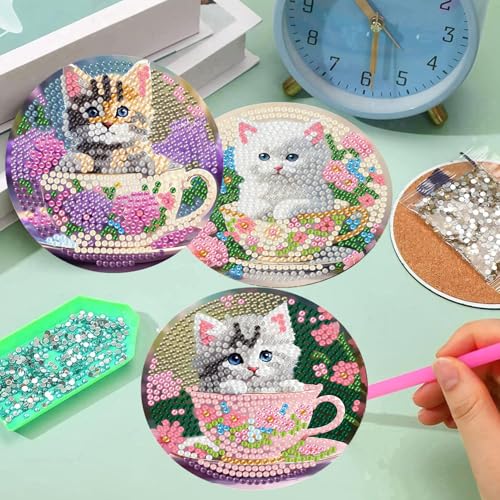 mrpwnle 8 Pack Diamond Art Coasters Kits, Funny Cat Diamond Painting Coasters Kits Set with Holder Cork Pads, Cute Cat Diamonds Art Non Slip Coaster Crafts Kit for Adults Beginners Gifts - Image 5