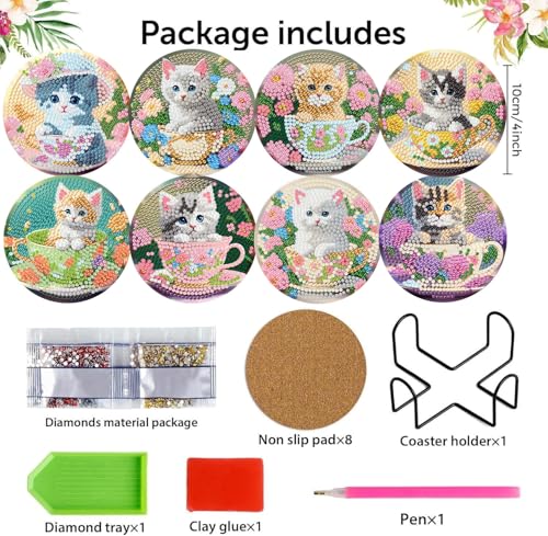 mrpwnle 8 Pack Diamond Art Coasters Kits, Funny Cat Diamond Painting Coasters Kits Set with Holder Cork Pads, Cute Cat Diamonds Art Non Slip Coaster Crafts Kit for Adults Beginners Gifts - Image 2