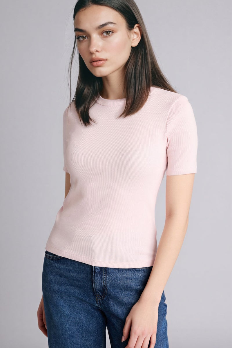 DeFacto Pink Woman Slim Fit Crew Neck Basic Ribbed Short Sleeve T-Shirt Casual - Image 1