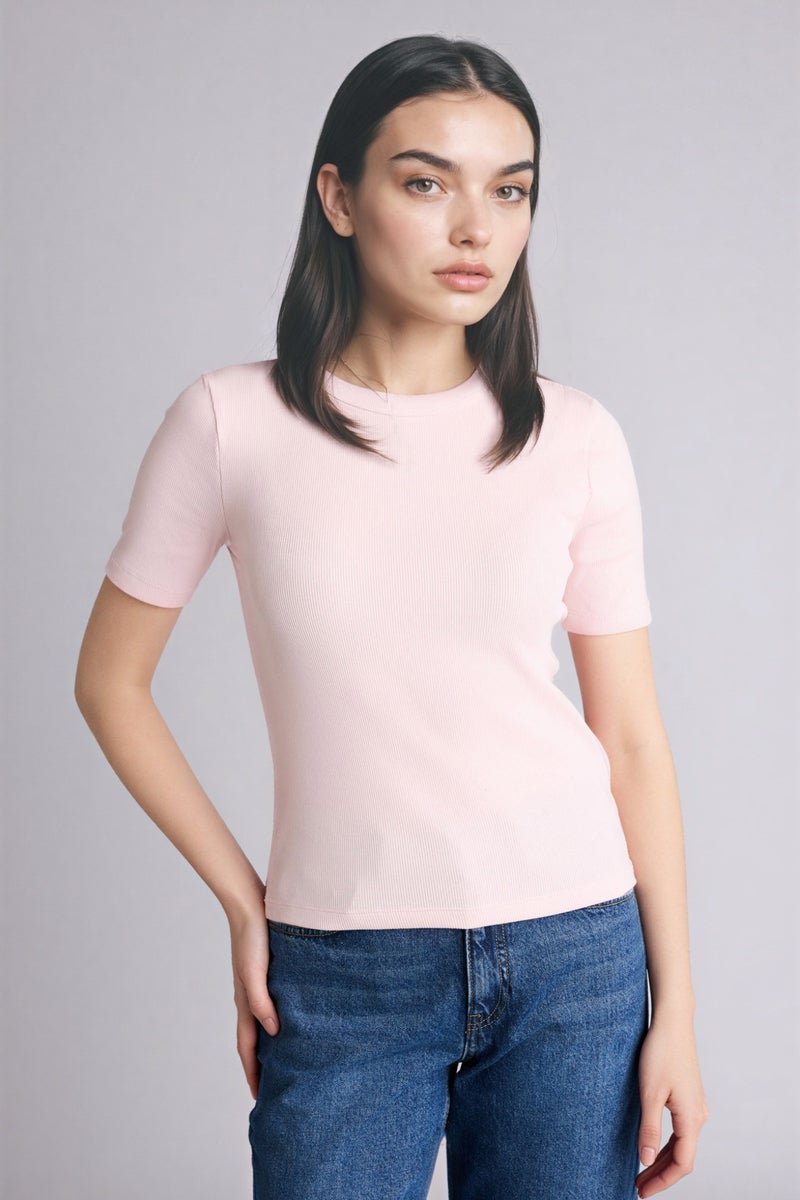 DeFacto Pink Woman Slim Fit Crew Neck Basic Ribbed Short Sleeve T-Shirt Casual - Image 3