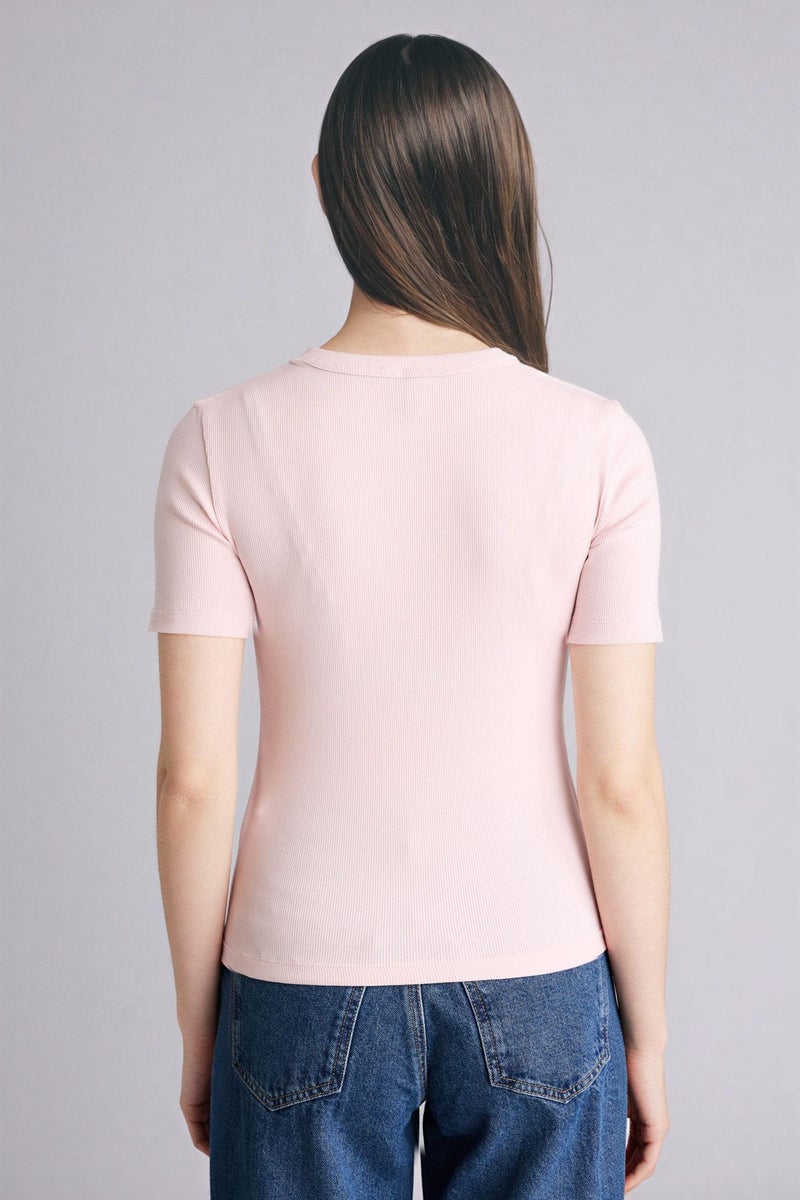 DeFacto Pink Woman Slim Fit Crew Neck Basic Ribbed Short Sleeve T-Shirt Casual - Image 5