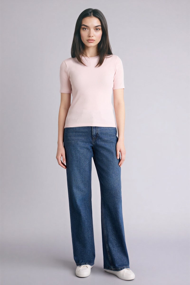 DeFacto Pink Woman Slim Fit Crew Neck Basic Ribbed Short Sleeve T-Shirt Casual - Image 2