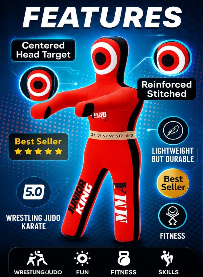 Stylso Un-Filled Wrestling Dummy for Kids – Youth Grappling Dummies BJJ, MMA, Jiu Jitsu & Judo Training Partner – Durable Martial Arts Practice Buddy (Red, 3ft / 36 Inches) - Image 2