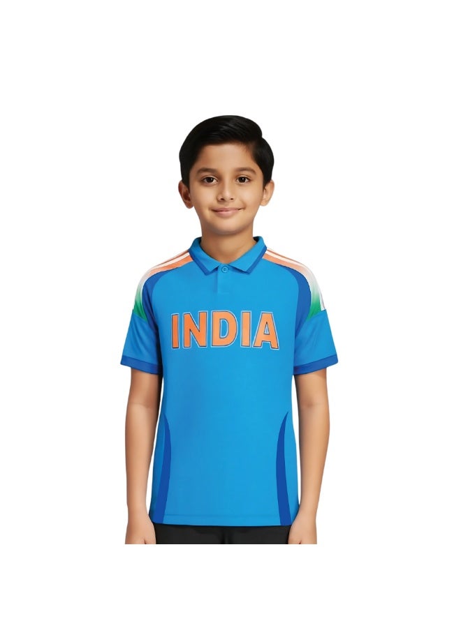 PRINTSHOP4ME India Dry-Fit Sports T-Shirt For Kids – Unisex Blue Cricket Jersey With Short Sleeves And Collared Neck – Breathable And Soft Tee For Cricket & School Sports - Image 1