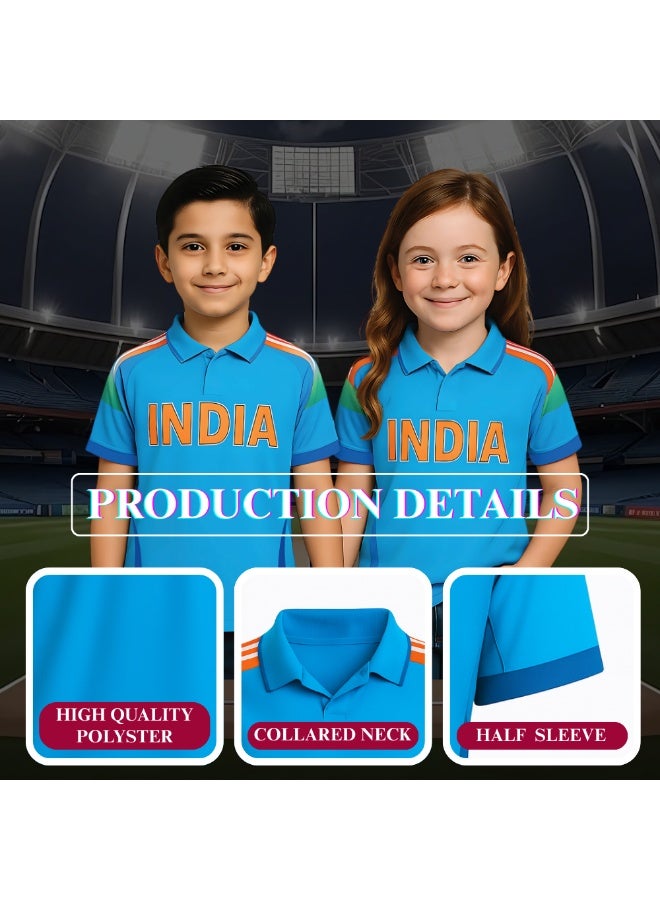 PRINTSHOP4ME India Dry-Fit Sports T-Shirt For Kids – Unisex Blue Cricket Jersey With Short Sleeves And Collared Neck – Breathable And Soft Tee For Cricket & School Sports - Image 3