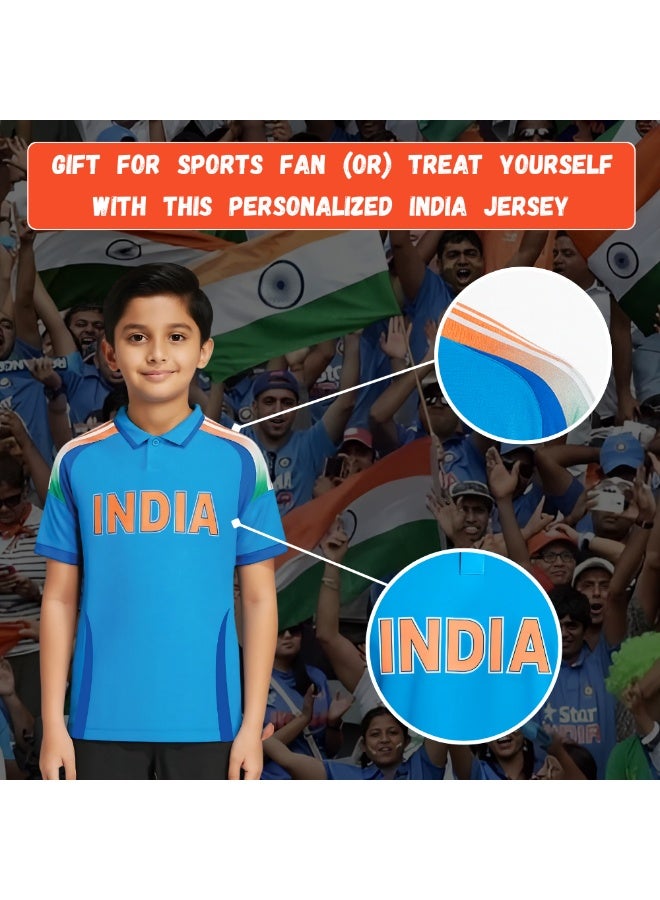 PRINTSHOP4ME India Dry-Fit Sports T-Shirt For Kids – Unisex Blue Cricket Jersey With Short Sleeves And Collared Neck – Breathable And Soft Tee For Cricket & School Sports - Image 4