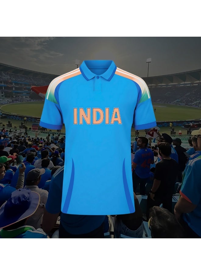 PRINTSHOP4ME India Dry-Fit Sports T-Shirt For Kids – Unisex Blue Cricket Jersey With Short Sleeves And Collared Neck – Breathable And Soft Tee For Cricket & School Sports - Image 2