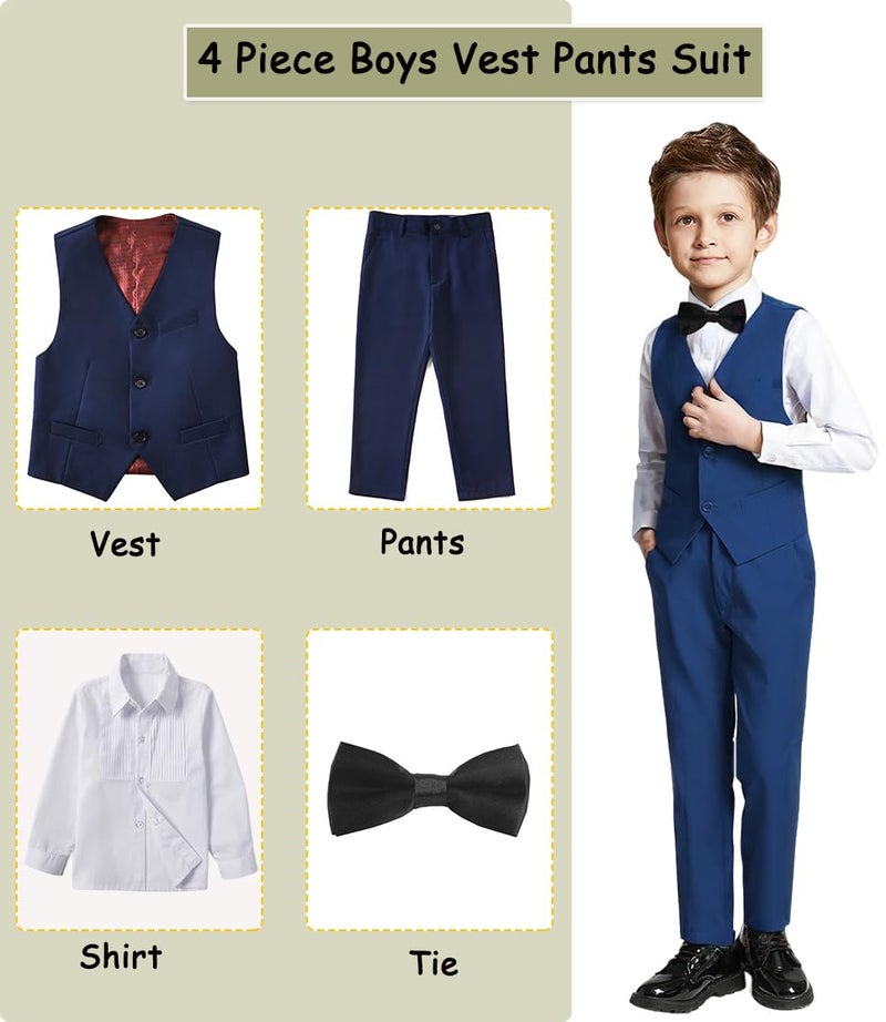 SaiLiiny Toddler Suits for Boys Wedding Suit Dress Shirt Navy Blue Vest and Pants Sets for Boy with Bow Tie Size 5 - Image 2