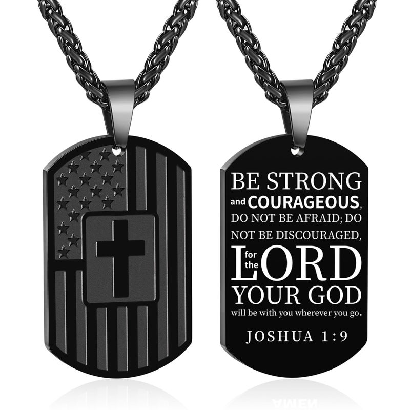 DuoDiner Dog Tag Necklace for Men, Stainless Steel Pendant Chain American Flag Cross Baptism Religious Christian First Communion Confirmation Jewelry Gifts Joshua 1:9 Black - Image 1