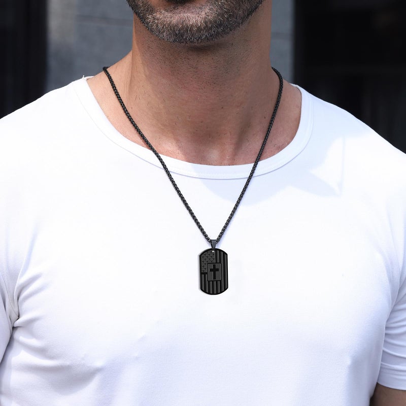 DuoDiner Dog Tag Necklace for Men, Stainless Steel Pendant Chain American Flag Cross Baptism Religious Christian First Communion Confirmation Jewelry Gifts Joshua 1:9 Black - Image 2