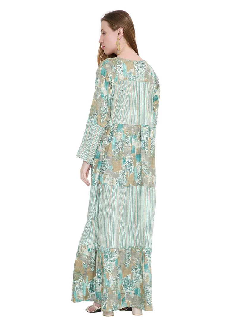 هانا آند سارا glamorous long viscose printed farasha with unique embroidered thread detailing arabic kaftan jalabiya dress