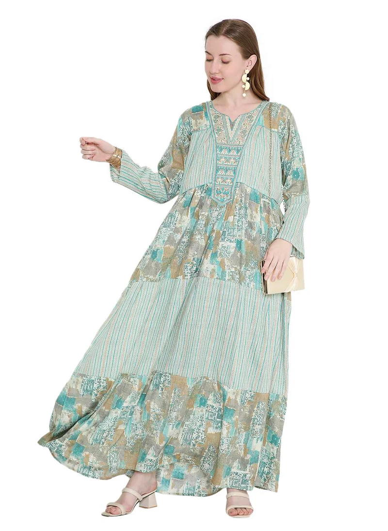 هانا آند سارا glamorous long viscose printed farasha with unique embroidered thread detailing arabic kaftan jalabiya dress