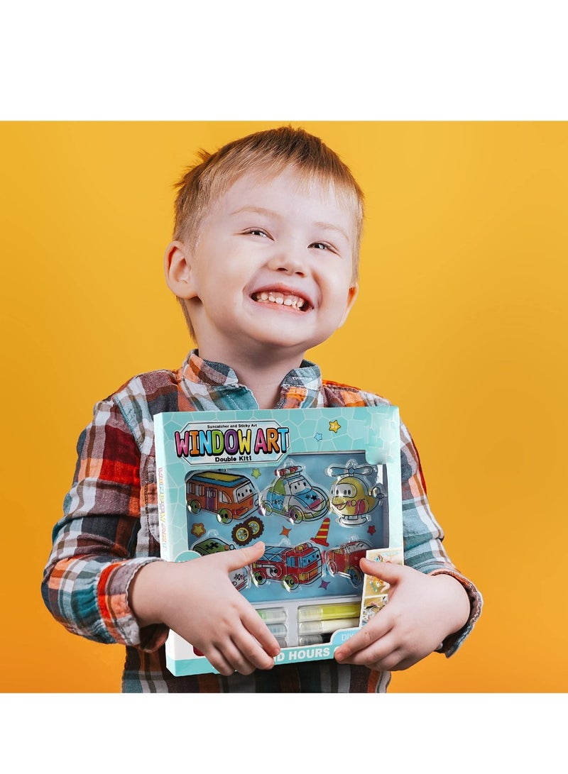 Excefore Window Art Paint Kit Cars Suncatcher Kit DIY Art for Kids Includes 6 Sun Catchers 6 Paints 4 Sticky Art Templates and More Police and Firetruck Arts and Crafts Activity Set for Boys - Image 2