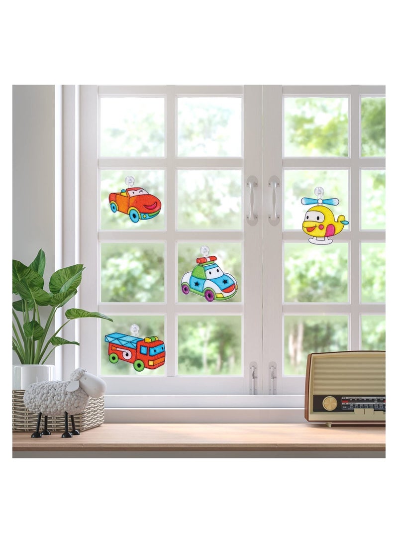 Excefore Window Art Paint Kit Cars Suncatcher Kit DIY Art for Kids Includes 6 Sun Catchers 6 Paints 4 Sticky Art Templates and More Police and Firetruck Arts and Crafts Activity Set for Boys - Image 3