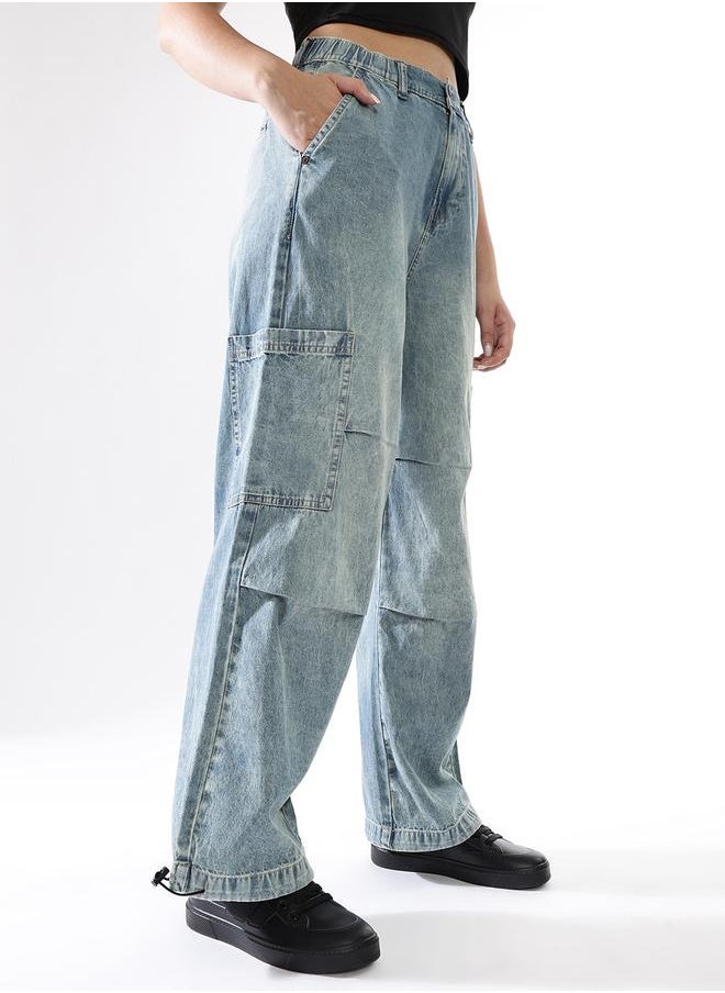 Hubberholme Women Baggy Fit Parachute Cargo High-Rise Light Fade Jeans  - Image 3