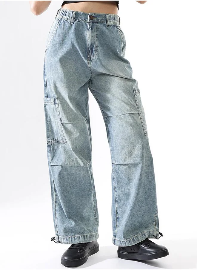 Hubberholme Women Baggy Fit Parachute Cargo High-Rise Light Fade Jeans