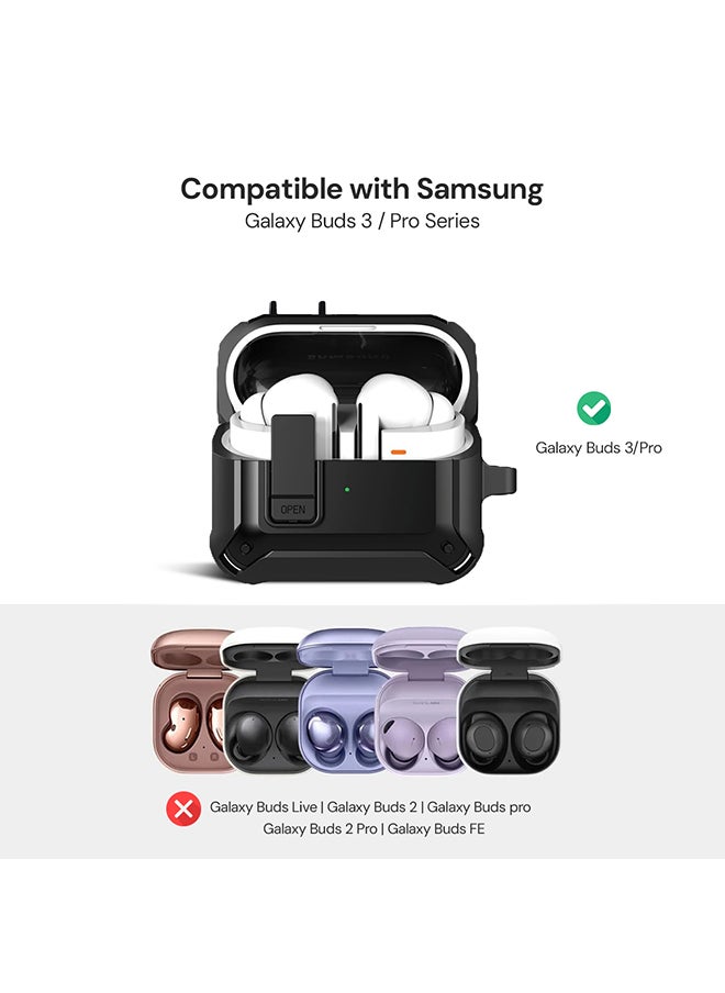 O Ozone - Case For Samsung Galaxy Buds3 & Galaxy Buds 3 Pro Case Cover (2024), Rugged Armor Shockproof Hard Shell Protection Case with Secure Lock Clip - Black - Image 1