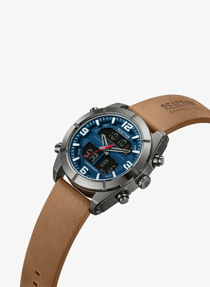 كينيث كول ريأكشن Kenneth Cole Reaction Analogue - Digital Gents Watch With Brown Synthetic Leather Strap 46mm - KRWGD9005501