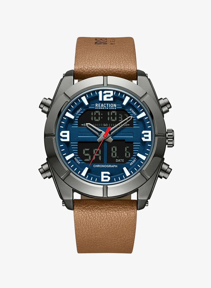 Kenneth Cole Reaction Analogue - Digital Gents Watch With Brown Synthetic Leather Strap 46mm - KRWGD9005501