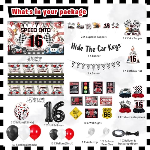 Mpanwen 16th Birthday Decorations for Boys 130Pcs Race Car 16 Party Decor Supplies for Boy 16th Birthday Backdrop Banner Balloons Tablecloth Centerpieces Hanging Swirls Wall Signs - Image 5