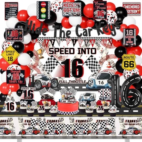 Mpanwen 16th Birthday Decorations for Boys 130Pcs Race Car 16 Party Decor Supplies for Boy 16th Birthday Backdrop Banner Balloons Tablecloth Centerpieces Hanging Swirls Wall Signs - Image 1