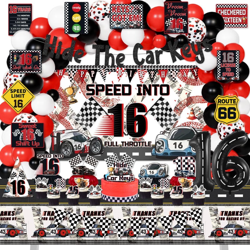 Mpanwen 16th Birthday Decorations for Boys 130Pcs Race Car 16 Party Decor Supplies for Boy 16th Birthday Backdrop Banner Balloons Tablecloth Centerpieces Hanging Swirls Wall Signs - Image 3
