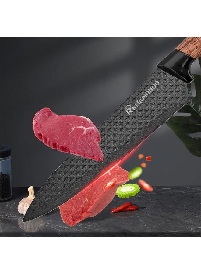 RETROSOHOO Kitchen Knife Set, 6-Pieces Black Sharp Knife Set for Kitchen, Non-stick Non-slip Stainless Steel Chef Knife Set with Universal Knife Block Suitable for Home Restaurant(Wood Grain) - Image 4