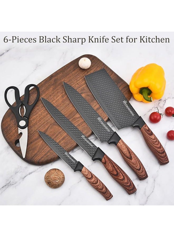 RETROSOHOO Kitchen Knife Set, 6-Pieces Black Sharp Knife Set for Kitchen, Non-stick Non-slip Stainless Steel Chef Knife Set with Universal Knife Block Suitable for Home Restaurant(Wood Grain) - Image 2