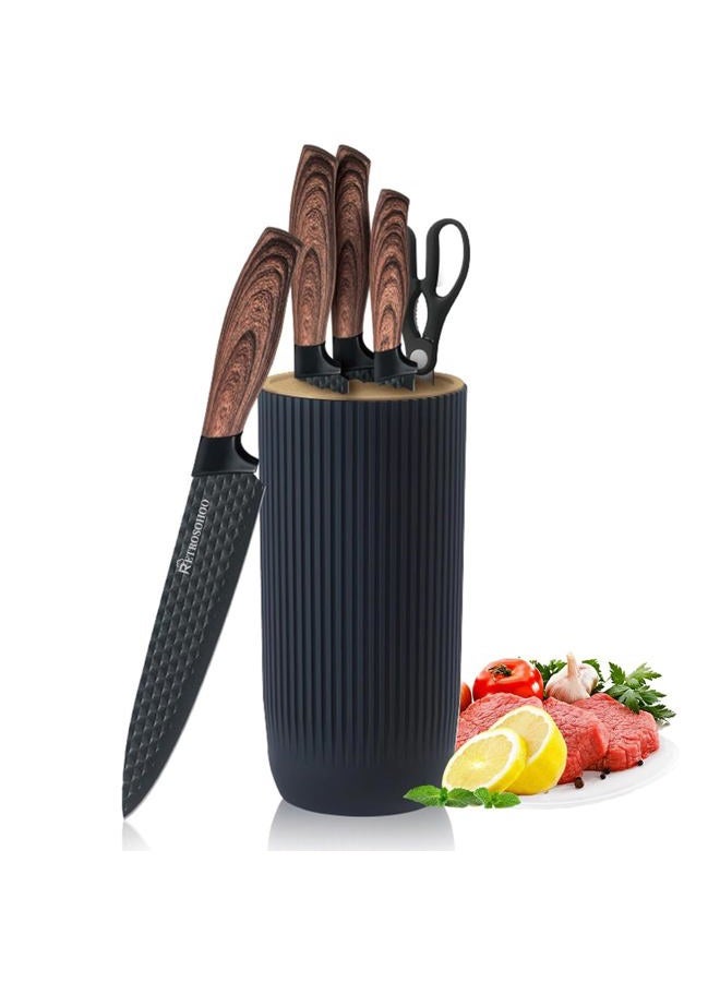 RETROSOHOO Kitchen Knife Set, 6-Pieces Black Sharp Knife Set for Kitchen, Non-stick Non-slip Stainless Steel Chef Knife Set with Universal Knife Block Suitable for Home Restaurant(Wood Grain) - Image 1