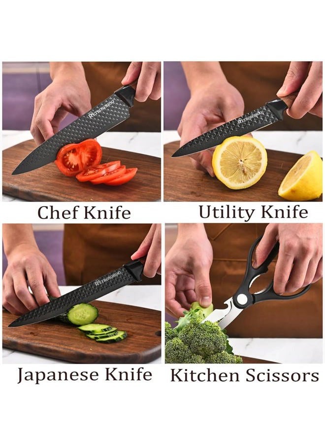 RETROSOHOO Kitchen Knife Set, 6-Pieces Black Sharp Knife Set for Kitchen, Non-stick Non-slip Stainless Steel Chef Knife Set with Universal Knife Block Suitable for Home Restaurant(Wood Grain) - Image 3