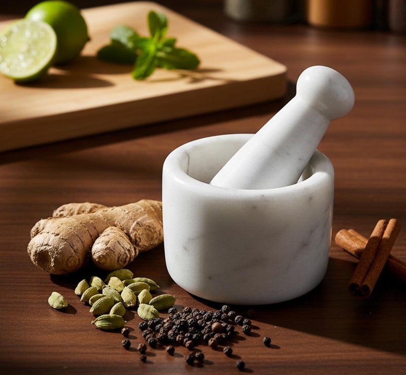 KLEO 2.75" Diameter White Marble Stone Mortar and Pestle Set Spice, Medicine Pills Grinder Masher - SMALL SIZE - Image 1