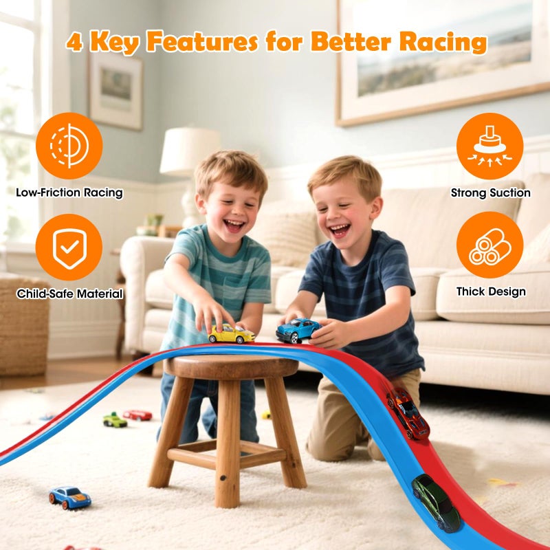 Yottix 15 Ft Flexible Race Track for Kids 3+, Certified Safe Flex Race Car Ramp with Two 1/64 Diecast Cars â€” Starter Set, Portable Roll-Up Racetrack with Strong Suction Cups, Great Gift for Boys Girls - Image 2