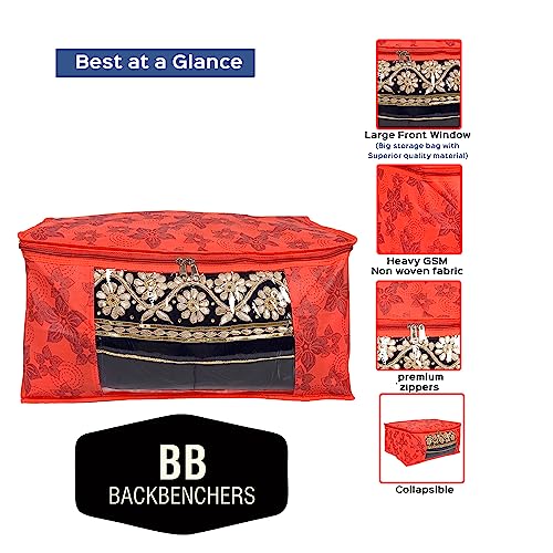 BB BACKBENCHERS Saree Cover/Bags/Organizer For Wardrobe - Foldable Saree Covers With Zip, Multipurpose Storage Bag For Suit, Lehanga, Dress Packing With Transparent Window, Pack of 6 (RED-FLOWER) - Image 2