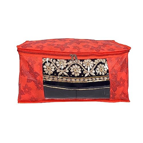 BB BACKBENCHERS Saree Cover/Bags/Organizer For Wardrobe - Foldable Saree Covers With Zip, Multipurpose Storage Bag For Suit, Lehanga, Dress Packing With Transparent Window, Pack of 6 (RED-FLOWER) - Image 4