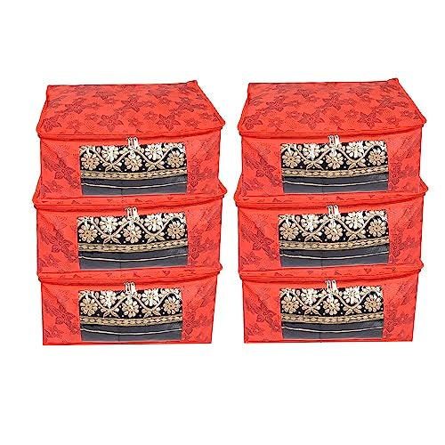 BB BACKBENCHERS Saree Cover/Bags/Organizer For Wardrobe - Foldable Saree Covers With Zip, Multipurpose Storage Bag For Suit, Lehanga, Dress Packing With Transparent Window, Pack of 6 (RED-FLOWER) - Image 1