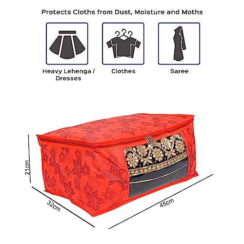 BB BACKBENCHERS Saree Cover/Bags/Organizer For Wardrobe - Foldable Saree Covers With Zip, Multipurpose Storage Bag For Suit, Lehanga, Dress Packing With Transparent Window, Pack of 6 (RED-FLOWER) - Image 3