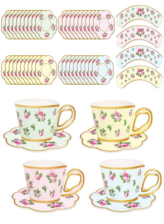 JarThenaAMCS 60 Sets Tea Party Cupcake Wrappers and Plates Vintage Floral Cupcake Liners with Handle Disposable Paper Plates for Wedding Birthday Spring Party Cake Decoration - Image 1