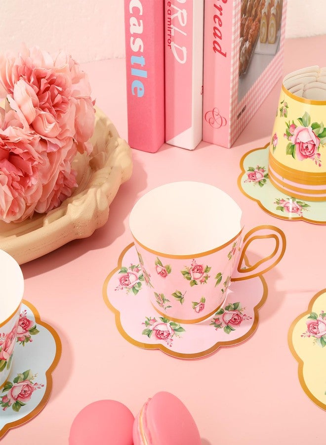 JarThenaAMCS 60 Sets Tea Party Cupcake Wrappers and Plates Vintage Floral Cupcake Liners with Handle Disposable Paper Plates for Wedding Birthday Spring Party Cake Decoration - Image 5