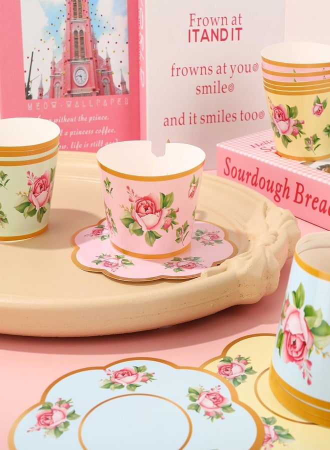 JarThenaAMCS 60 Sets Tea Party Cupcake Wrappers and Plates Vintage Floral Cupcake Liners with Handle Disposable Paper Plates for Wedding Birthday Spring Party Cake Decoration - Image 3