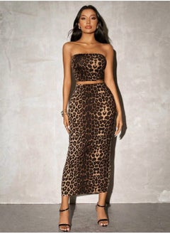 Shein SHEIN Leopard Print Knitted Crop Top & Bodycon Midi Skirt 2pcs Set For Summer,  - Image 4