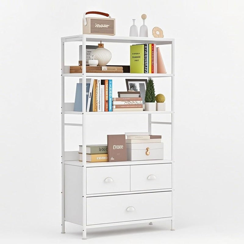 Bentifar 4-Tier Storage Drawer Shelf with 3 Fabric Drawers, Cabinet Shelves for Books, Photos, Decor, Metal Frame & Wooden Top, Chest of Drawers for Living Room, Office, Bedroom & Kitchen(White) - Image 1