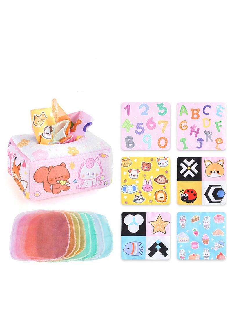 Baby Early Education Cloth Book Tissue Box Sound Paper Square Towel Cognitive Animal English Tear-resistant Children's Cloth Book Toy, 3 Square Towels + 8 Silk Scarves (Pink Animals)  - Image 1