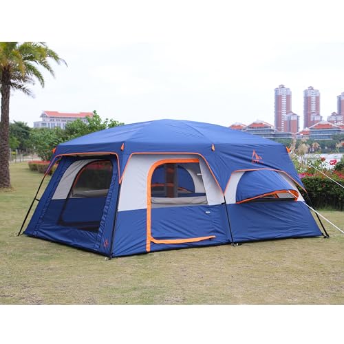 KTT Extra Large Tent 12 Person,Family Cabin Tents,2 Bay-Windows,2 Rooms and 3 Doors 3 Windows with Mesh,Waterproof,Straight Wall,Double Layer,Big Tent for Outdoor,Picnic,Camping(Dark Blue) - Image 3