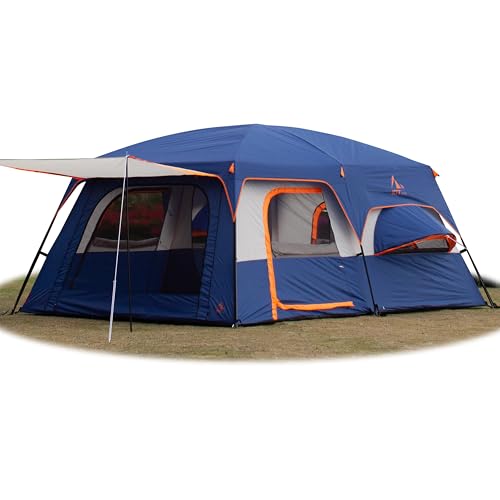 KTT Extra Large Tent 12 Person,Family Cabin Tents,2 Bay-Windows,2 Rooms and 3 Doors 3 Windows with Mesh,Waterproof,Straight Wall,Double Layer,Big Tent for Outdoor,Picnic,Camping(Dark Blue) - Image 1