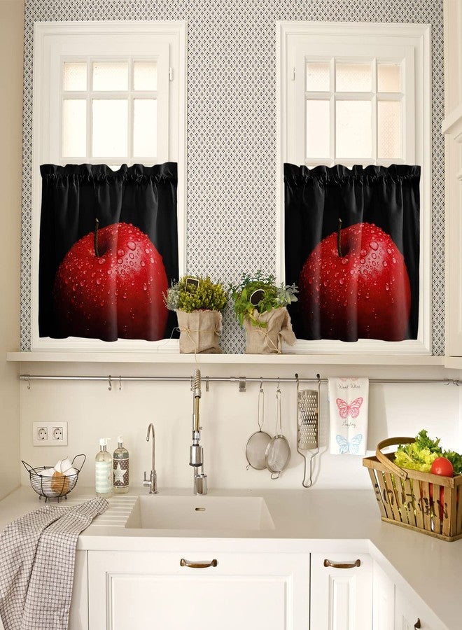 فاندارلين طقم ستائر وستائر علوية للمطبخ من فاندارلين، بنقشة تفاح أحمر مع قطرات ماء، ستائر نصفية/قصيرة شفافة جزئياً بخلفية سوداء للنوافذ الصغيرة، مناسبة للمقاهي/غرف المعيشة/غرف النوم، مقاس 54 × 36 بوصة. - Image 4
