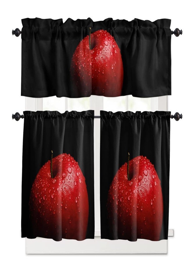 فاندارلين طقم ستائر وستائر علوية للمطبخ من فاندارلين، بنقشة تفاح أحمر مع قطرات ماء، ستائر نصفية/قصيرة شفافة جزئياً بخلفية سوداء للنوافذ الصغيرة، مناسبة للمقاهي/غرف المعيشة/غرف النوم، مقاس 54 × 36 بوصة. - Image 1