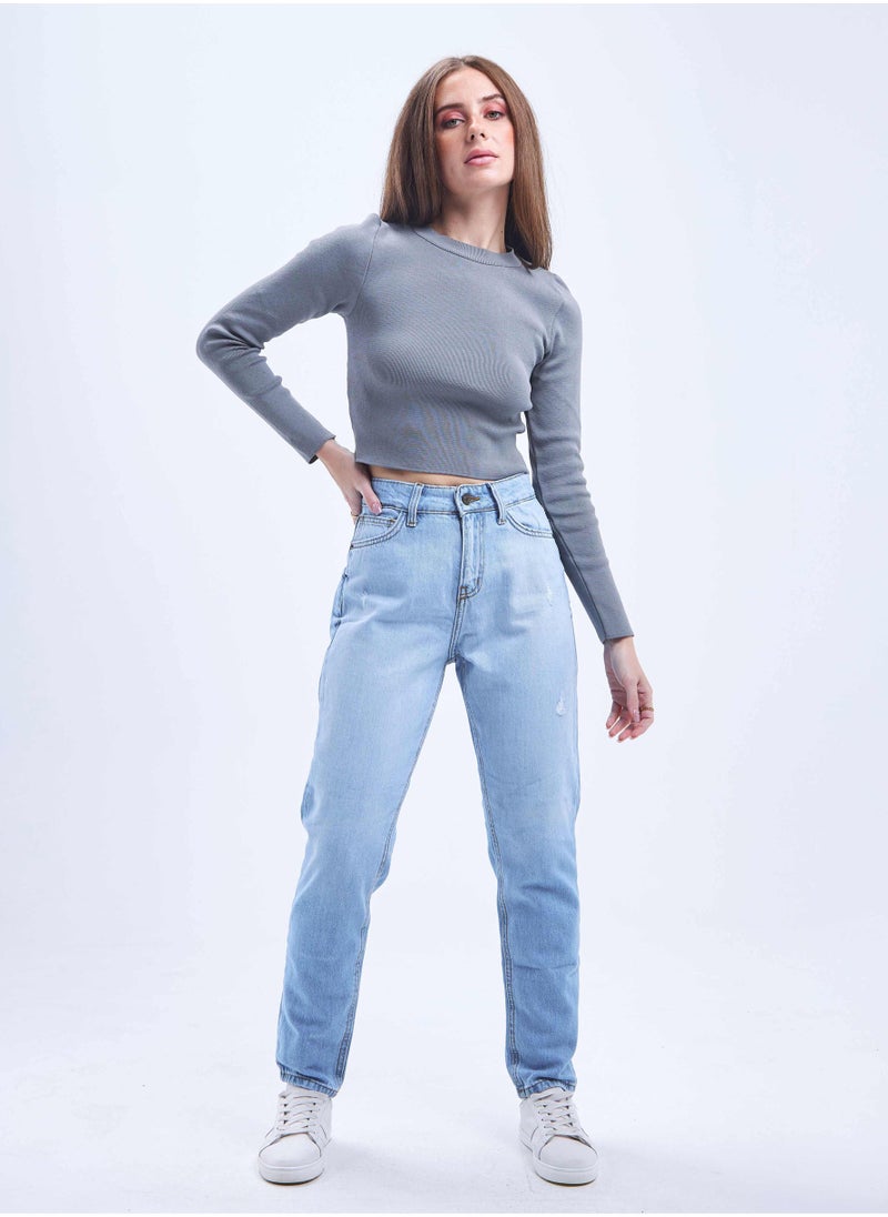 CIZARO - بنطلون جينز بخصر مرتفع ومغسول بشكل خفيف وممزق بقصّة Mom-Fit - Image 1