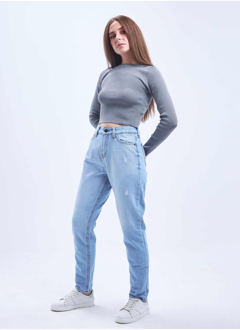 CIZARO - بنطلون جينز بخصر مرتفع ومغسول بشكل خفيف وممزق بقصّة Mom-Fit - Image 1