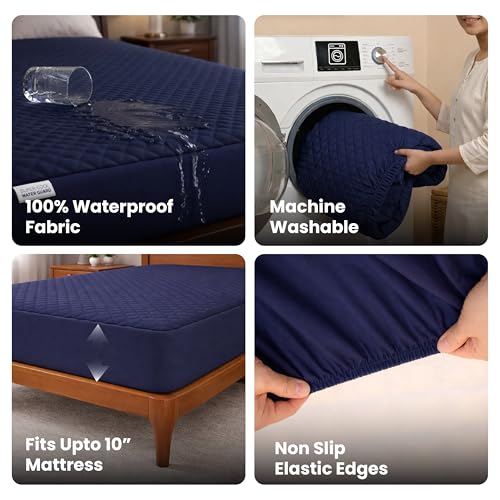 MY ARMOR Mattress Protector King Size | Waterproof Cotton Quilted Bed Protector King Size, 78x72 Inch | Breathable Noiseless Ultra Soft Fitted Cover with Elastic Skirting, (6.5x6 ft) – Navy Blue - Image 5
